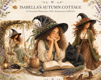 May include: A digital collection titled ISABELLA'S AUTUMN COTTAGE 15 Premium Watercolor PNG Illustrations HMC13 featuring watercolor illustrations of a person with curly hair wearing a witch hat, a black cat, a book, and a mug.