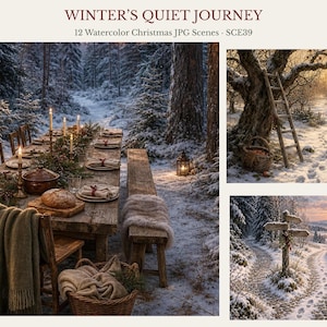 Könnte beinhalten: Eine Sammlung von 12 Aquarell-Weihnachtsszenen als JPG-Dateien mit dem Titel WINTER'S QUIET JOURNEY, die einen langen Holztisch in einem verschneiten Wald, eine Leiter an einem Baum im Wintergarten und ein Wegweiser auf einem Schneepfad zeigen.