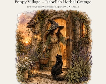 May include: Poppy Village – Isabella's Herbal Cottage 10 Storybook Watercolor Clipart PNG • HMC12. A watercolor illustration of a person in a pointed hat standing in a stone cottage doorway with a black cat, a basket, and lavender plants.