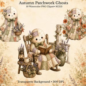 May include: A collection of Autumn Patchwork Ghosts watercolour clipart, comprising 10 PNG files. The illustrations depict ghost characters wearing patchwork fabric garments, carrying floral baskets, or reading books in wooden rocking chairs.