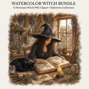 Puede incluir: Una ilustración en acuarela titulada WATERCOLOR WITCH BUNDLE 15 Premium Witch PNG Clipart Halloween Collection. Muestra a una persona con sombrero de bruja leyendo un libro junto a un gato negro, hierbas secas, frascos de vidrio y una vela.