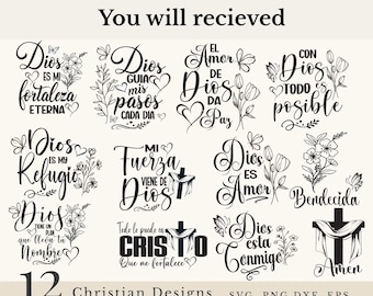 Spanish Christian Quotes SVG PNG Bundle, Religious Phrases (Digital Download