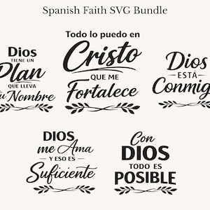 May include: A collection of black text designs on a cream background, featuring Spanish phrases related to faith. The phrases include "Dios tiene un Plan", "Todo lo puedo en Cristo", and "Dios está Conmigo", among others. The words are in a script font.