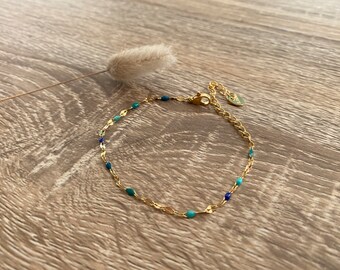 Bracelet en acier inoxydable doré avec chaîne à maillons torsadée et perles bleues / Idée cadeau femme