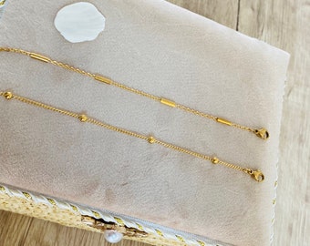 Bracelet en acier inoxydable doré avec chaine de perles rondes ou longues / Idée cadeau femme
