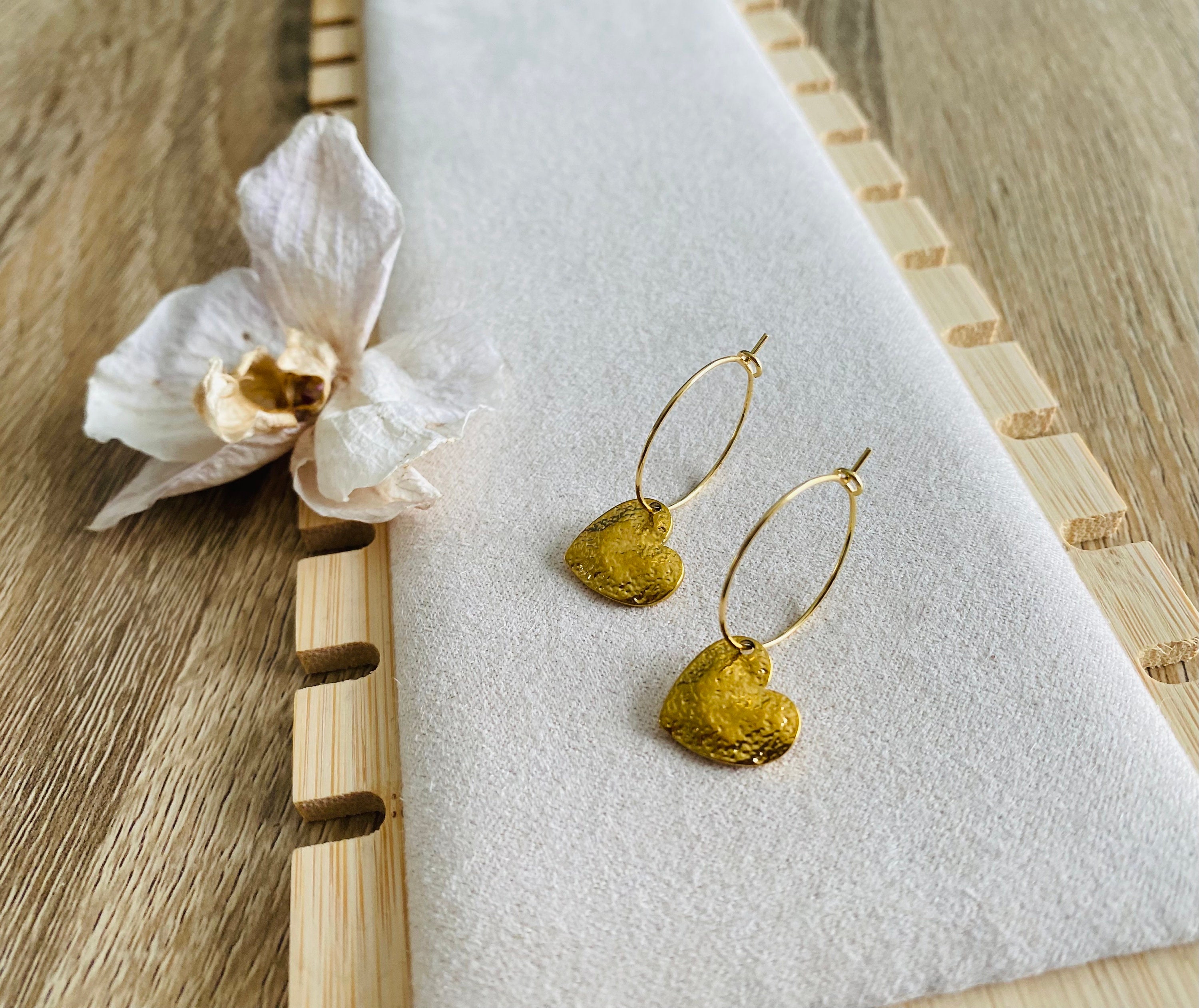 Boucles D'oreilles Créoles Cœur En Acier Doré - Cadeau Femme - Cristal, Sans Marque