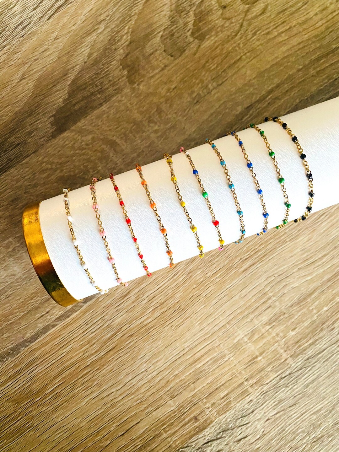 Gold Stainless Steel Bracelet With Link Chain and Resin Beads