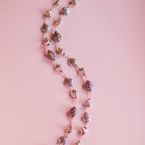 Vintage Handmade Antique Silver Plated Different Shape Beaded Long 30 Inch Necklace with Silver Plated &quot;S&quot; Clasp