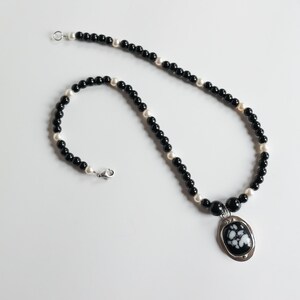 Handcrafted Sterling Silver Fused Glass Pendant Necklace: Black & White Swarovski Pearls