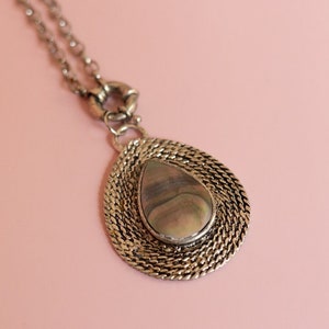 Vintage Mother of Pearl Pendant Necklace: Antique Silver Tone Curb Chain