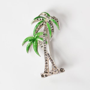 Vintage Sterling Silver Palm Tree Brooch: Green Enamel & Marcasite Crystals