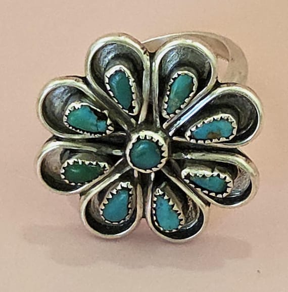 Vintage Native American Sterling Silver Flower Turquoise Ring Unbranded