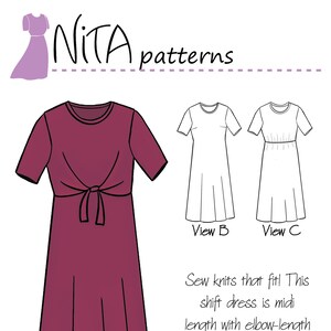 May include: A sewing pattern for a midi-length dress with elbow-length sleeves. The dress has a tie front overlay and is available in three styles: View A with a tie front, View B with a simple front, and View C with a gathered waist. The pattern is called "HOLLY Dress".