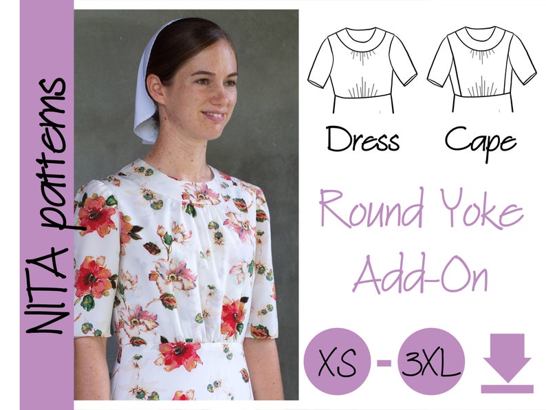 Round Yoke Dress Pattern Add-On Women's Modest Dress, Cape Dress Knit Fabric NITA patterns image 1