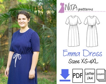 PDF Emma Kordelzug Schnittmuster | Bonus Puffärmel | Frauen bescheidenes Cape Kleid | Strickstoff, Emma Kleid mit NITA Muster