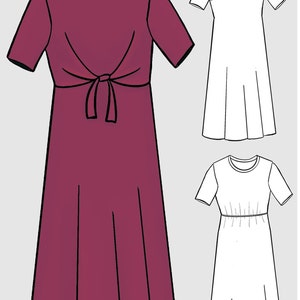 May include: A maroon midi dress with a tie at the waist and short sleeves. Two white dresses are shown in the background, one with a tie at the waist and the other with a gathered waist.