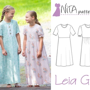 Può includere: Due ragazze indossano lunghi abiti a stampa floreale. L'abito a sinistra è azzurro con fiori bianchi, e l'abito a destra è rosa con fiori arancioni. L'immagine include anche un disegno a linea del modello dell'abito, etichettato come "Leila Girl" e "Nita patterns".