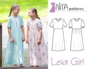 Patrón PDF Leia Girls Maxi Dress / Puff Sleeve, Jersey / Jersey Knit / Girl Sizes 3-12 All Sizes / NITApatterns