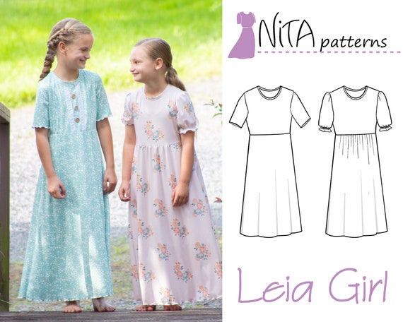 PDF Pattern Leia Girls Maxi Dress | Puff Sleeve, Pullover | Jersey Knit |  Girl Sizes 3-12 All Sizes | Nitapatterns - Etsy Israel