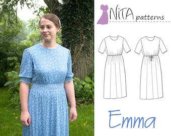 Patrón PDF para vestido Emma con cintura con cordón / Mangas abullonadas extra / Vestido capa modesto para mujer / Tejido de punto, patrones NITA para vestido Emma