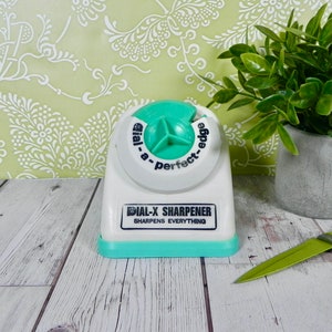 Dial-X Sharpener for Knives Scissors Tools | Vintage Turquoise Kitchen Gadget | Multi-Edge Knife Sharpener
