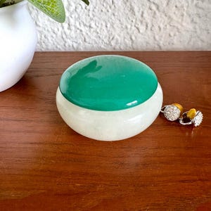 Alabaster White & Green Trinket Box | Stone Ring Storage | Vintage Vanity Dresser Decor