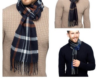 Men's Checked Tartan Scarf, Soft Warm Winter Scarves with Tassels, Thermal, Winter Warmer, Christmas Gift