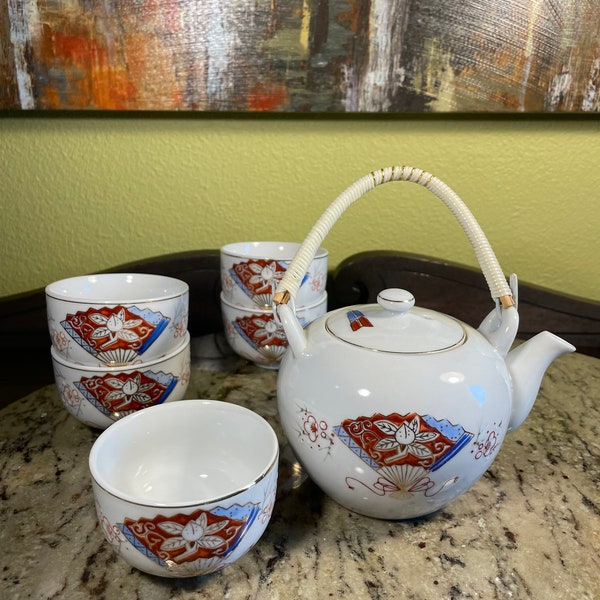 Vintage Omochaya teapot and 5 teacups set Japanese hand painted Gilt Fan with peach blossoms Rare