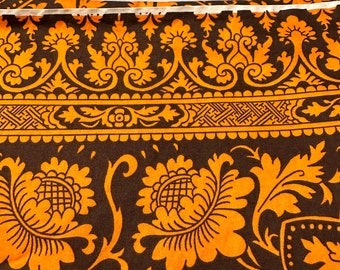Vintage Orange and brown large print floral  art deco design fabric. 2+yards