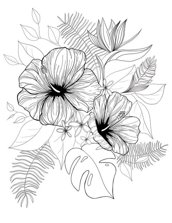Tropical Flowers Coloring Sheet Adult Coloring Page Floral | Etsy