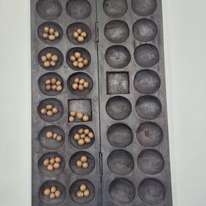 Original Wood Bao Game Set With Carved Faces Luba Tribe DRC