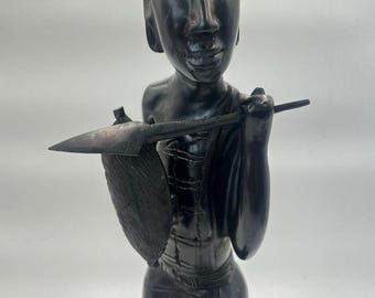 黒檀製マサイ族長老彫刻手彫り像、アフリカ戦士彫刻ケニア伝統ホーム
