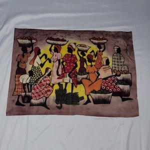 African Wall Hanging Batik Of Women At The Local Market, Handmade Wall Decor Batik, Women At The Local Market Batik, Candle Wax Dyed Batik
