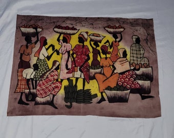 Afrikanischer Wandbehang Batik von Frauen auf dem lokalen Markt, handgemachte Wand-Dekor-Batik, Frauen auf dem lokalen Markt Batik, Kerzenwachs gefärbte Batik