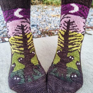 May include: A pair of brown, pink, green, and yellow knitted socks with a moon and tree design.