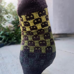 May include: A pair of brown and green socks with a checkered pattern in yellow and green.