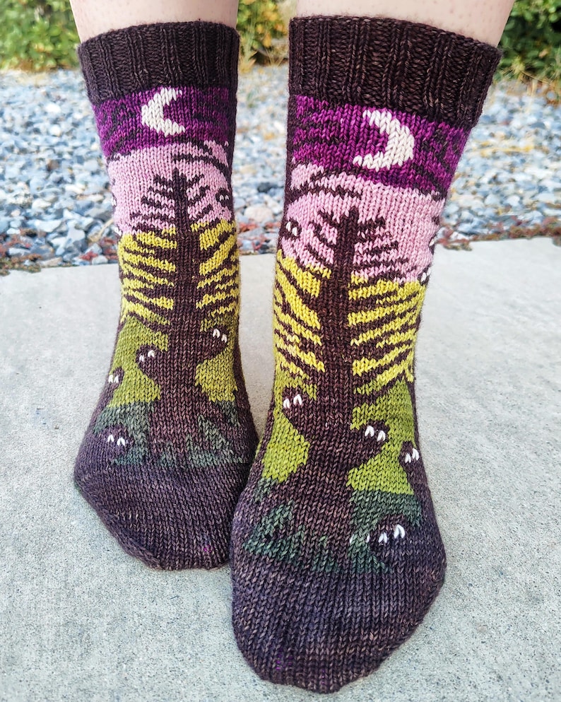 May include: A pair of brown, pink, green, and yellow knitted socks with a moon and tree design. The socks have a whimsical pattern of owls with white eyes.