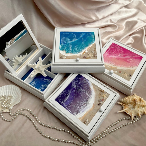 Beach Resin Jewelry Box/ My Design of Ocean resin Box with a Mirror/ Can Be Customized