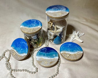 Beach Resin 6oz, 14 oz, 24 oz Glass Container/ Ocean Resin blue & Dark Blue/ Beach Resin on Bamboo Lid Glass Jar