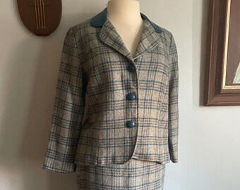 1960s Wool Plaid Suit with Leather Detailing