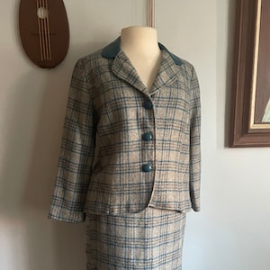1960s Wool Plaid Suit with Leather Detailing image 1