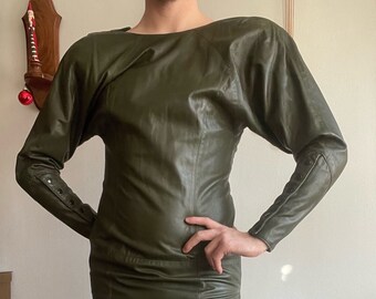 1980s Noviello Bloom Green Leather Dress