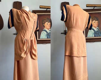 1940s Crepe Rayon Suit with Draped Peplum and Asymmetric Buttons