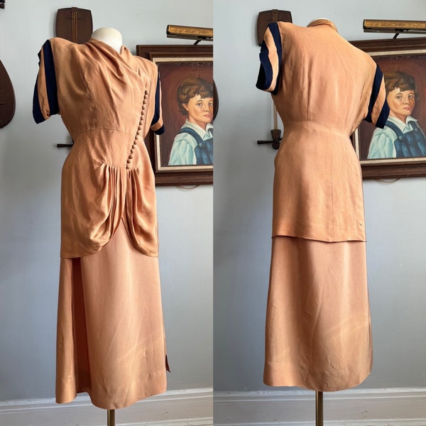 1940s Crepe Rayon Suit with Draped Peplum and Asymmetric Buttons