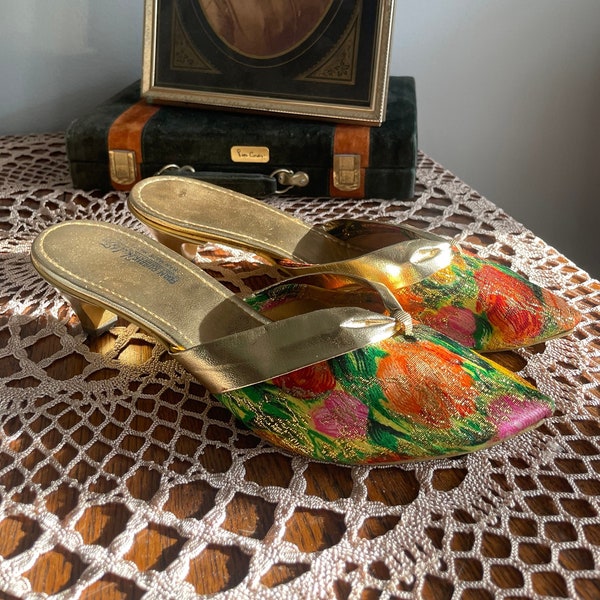 1960s Floral and Golden Pointed Toe Kitten Heel Pumps