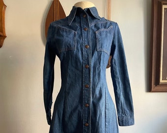 1970s Denim Western Dress with Pointed Pockets by Nova