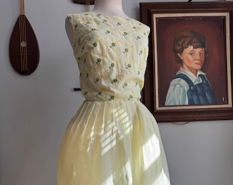 1960s Yellow Dress with Embroidered Floral Bodice