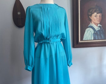 Late 70s/Early 80s Blue Chiffon Dress with Belt