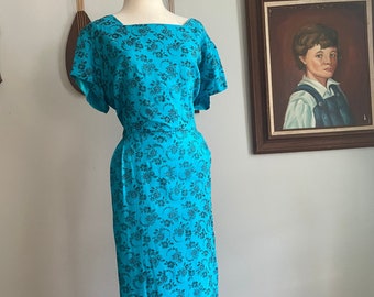 1950s Flocked Blue Dress