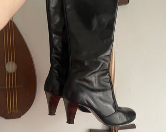 1970s Black Faux Leather Knee-High Boots